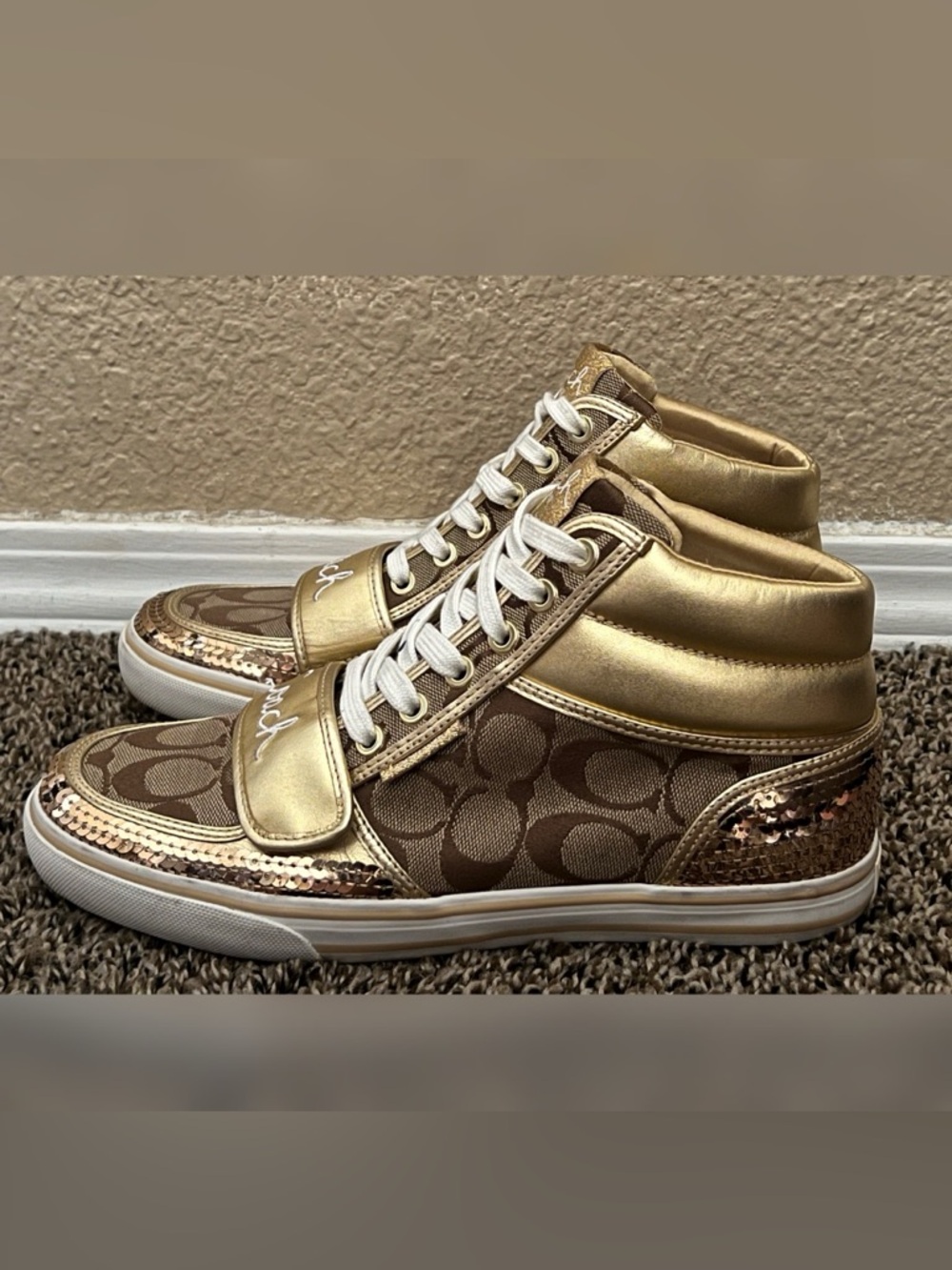 Coach Mistie Hi-Top Monogram Sequin Design Shoes Women's Size-8.5B